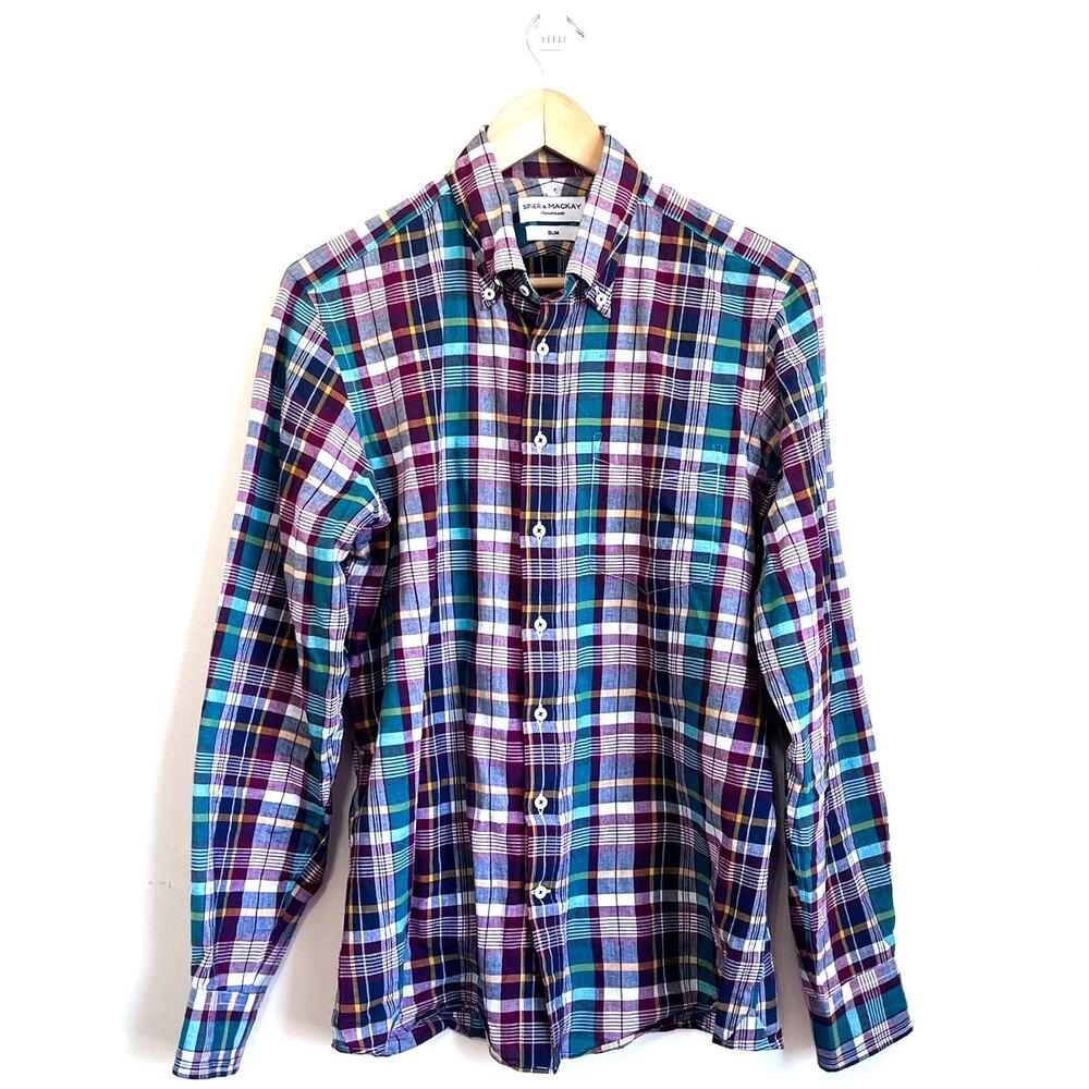 Spier & Mackay Handmade Plaid‎ Mens Shirt Size 15.5 Slim Fit Contemporary Preppy